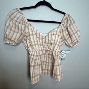 NWT women’s beige plaid puff sleeve baby‎ doll top size Xs